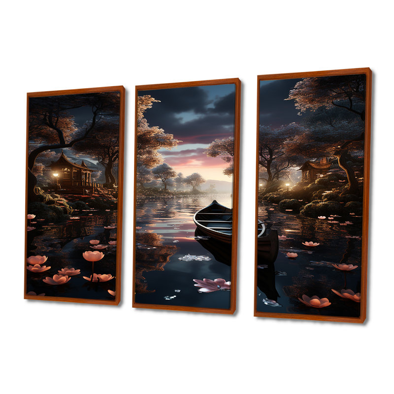 «Dinghy Floating On Misty Magic Lotus Pond», ensemble de reproductions d'art mural, Cadre flottant brun