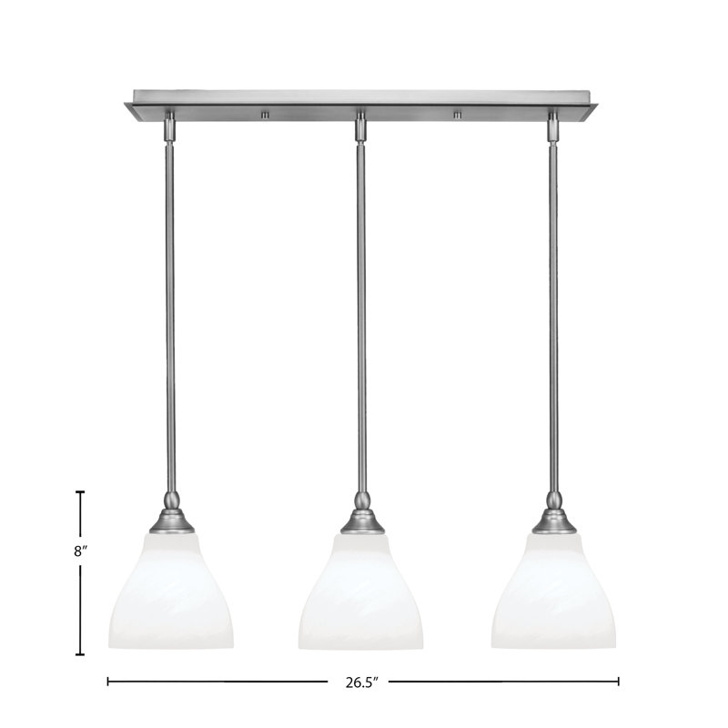3 Light Stem Hung Linear Pendalier With 6.25" White Marble Glass, 8" H x 26.5" W x 6.25" D, Brushed Nickel