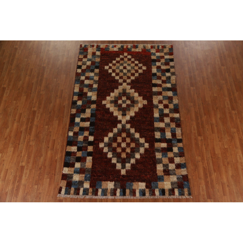 Tapis rouge / brun en laine noué à la main de conception unique 6 pi 4 po x 9 pi 11 po New Age
