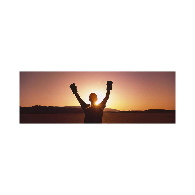 Silhouette Of A Person Wearing Boxing Gloves In A Desert At Dusk - Wrapped Canvas Panoramic Print