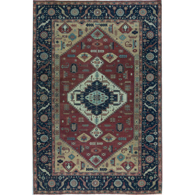 Tapis rouge et bleu noué à la main de haute qualité