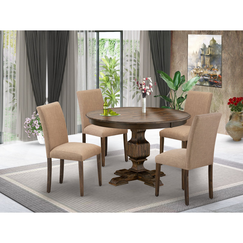 5 Piece Modern Dining Table Set Includes a Round Wooden Table with Pedestal and 4 Light Sable Linen Fabric Upholstered Chairs, Distressed Jacobean