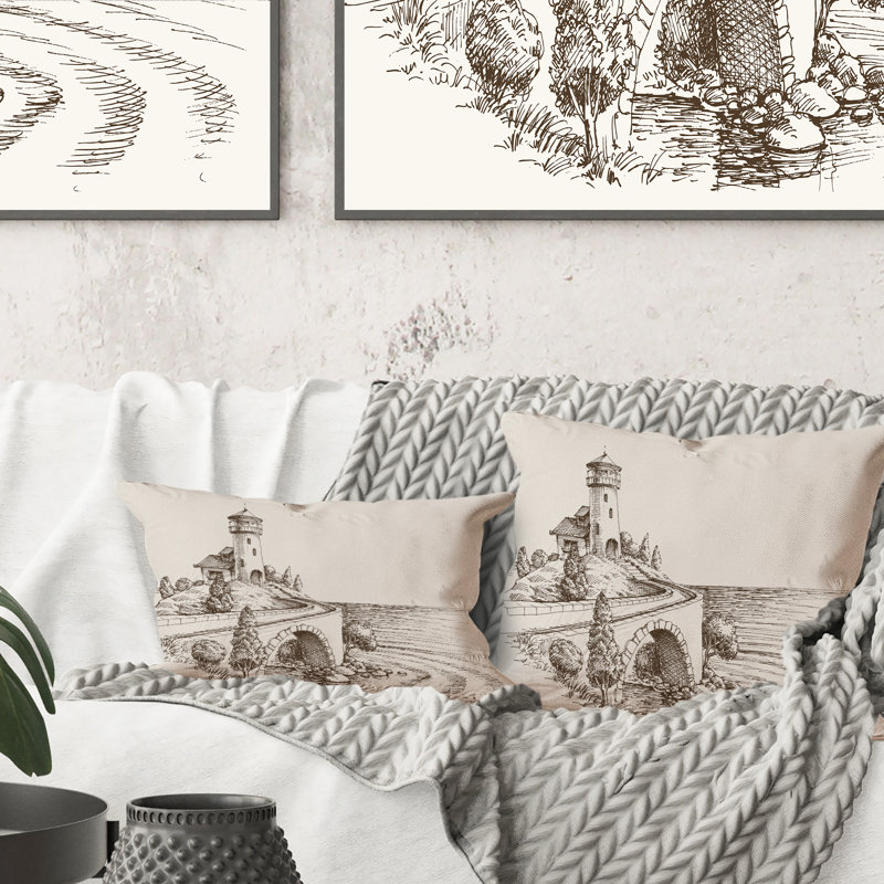 Tour de guet au bord de la mer en noir et blanc - Coussin décoratif imprimé nautique et côtier 12 po x 20 po