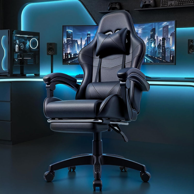 Fauteuil de jeu ergonomique en polyuréthane uni noir avec repose-pieds rétractable