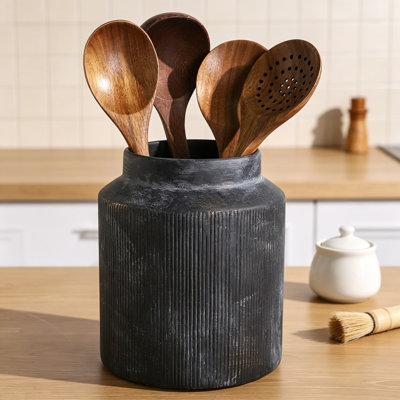 Farmhouse Ceramic Kitchen Utensil Holder for Countertop, Rustic Vintage Cooking Utensil Crock, Hand-Painted Retro Design, Sturdy Spatula Holder for Kitchen Counter