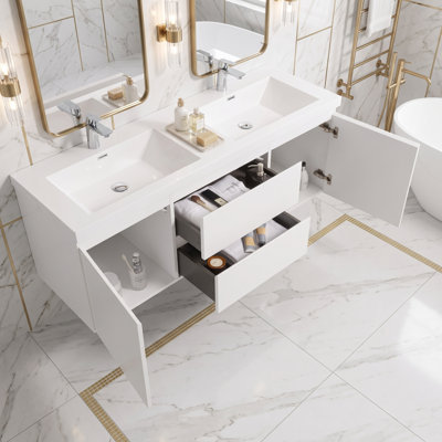 Meuble-lavabo mural en bois fabriqué étanche de 60 pouces avec rangement intégré pour lavabo en résine, entièrement préassemblé.