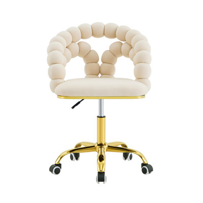 Fauteuil de bureau pivotant en velours moderne avec dossier à bulles, fauteuil de coiffeuse rembourré avec base en métal doré, fauteuil de bureau roulant pour bureau à domicile, chambre à coucher, salle de maquillage, beige (ensemble de 1)