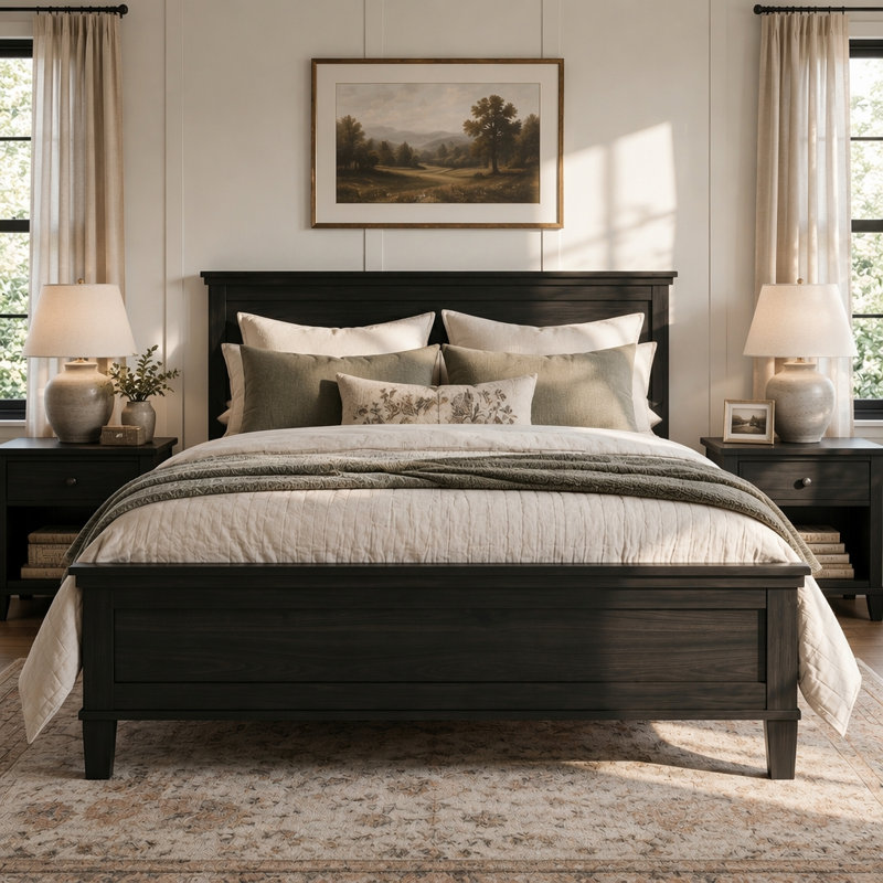 Lit plateforme en bois avec tête de lit Mid-Century, Double, Noir anthracite