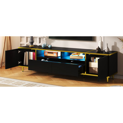 Meuble télé 70,9 po pour meuble télé 70 po avec 2 tablettes et 2 lumières à DEL et 2 tiroirs, 2 armoires et des pieds en métal
