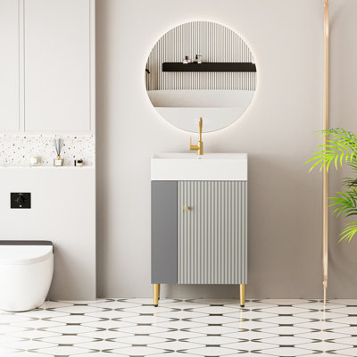 21.6" Contemporary Vanity In Grey With Ceramic Sink, Soft - Close Door, Ample Storage, Waterproof Construction, Scratch Sink Wave Pattern Brushed Copper Details, Wood