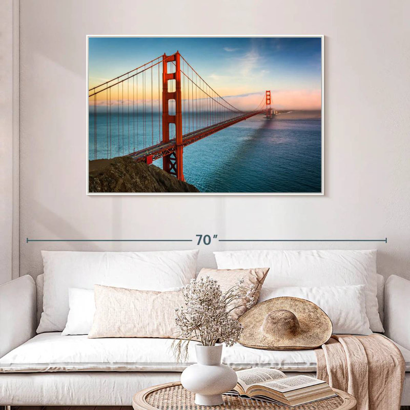 Golden Gate, lever de soleil sur l'océan, Cadre flottant blanc, 46 po x 31 po