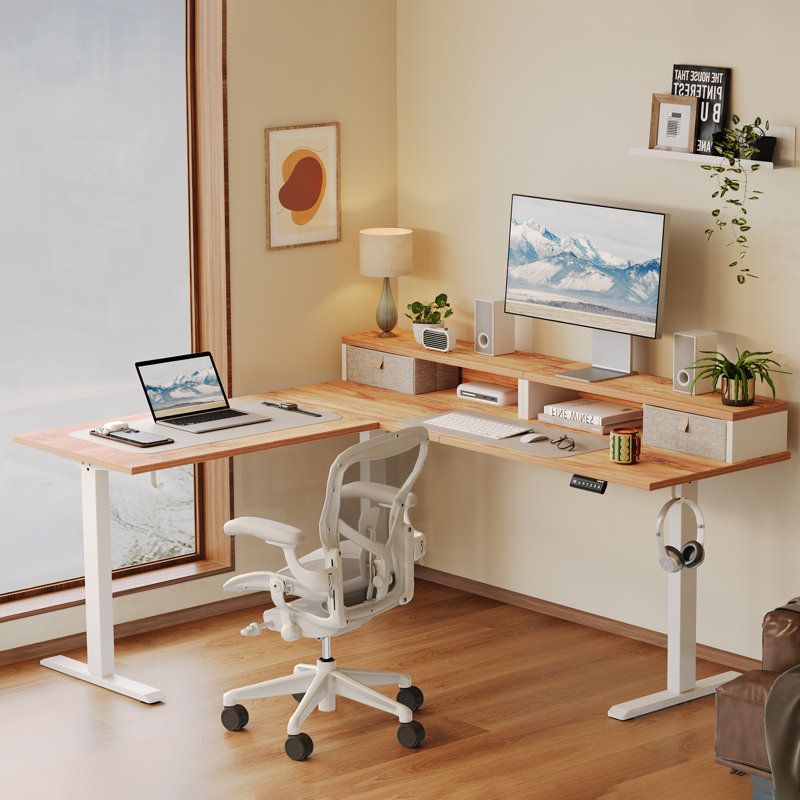 Bureau debout électrique en forme de L de 75 po avec 2 tiroirs, bureau ergonomique à hauteur réglable en coin, table d'ordinateur avec rangement pour la maison et le bureau
