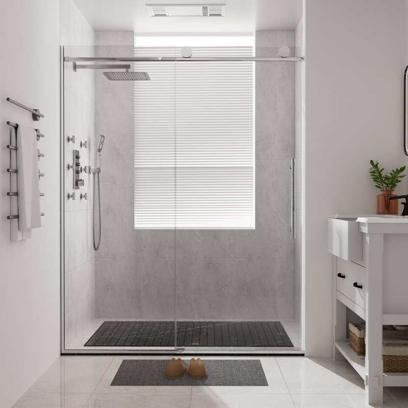 56"-60" W x 76"H Reversible Frameless Single Sliding Shower Door with 3/8" Clear Tempered Glass, Chromed