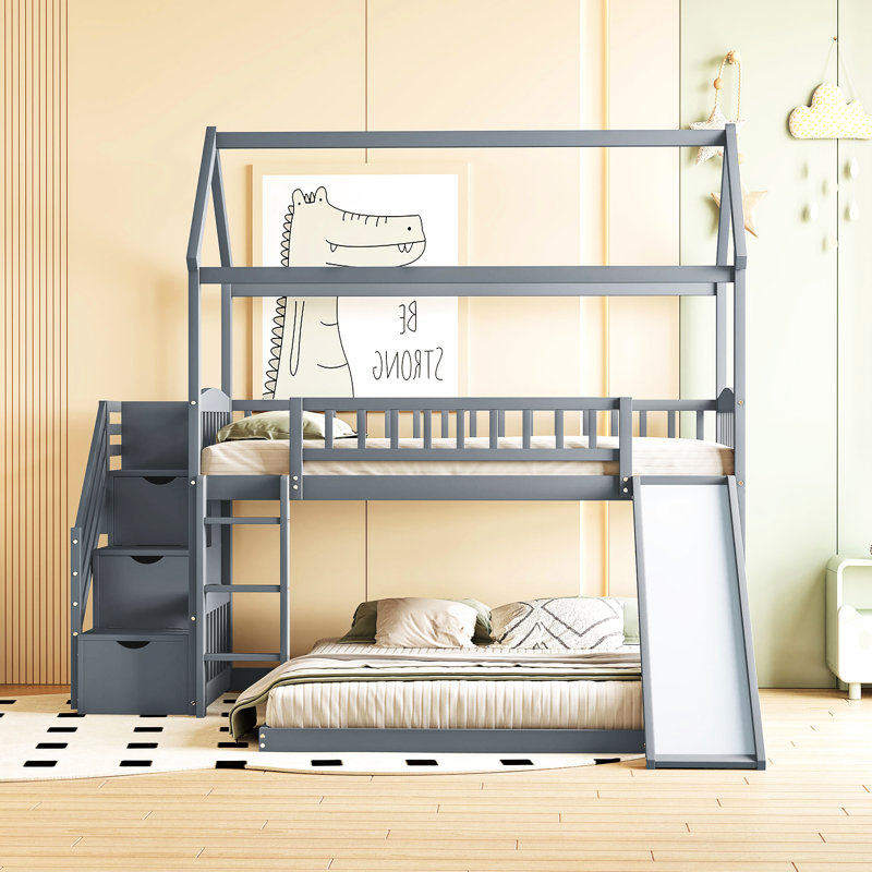 Les lits simples superposés avec glissade offrent un espace de sommeil confortable, Gris