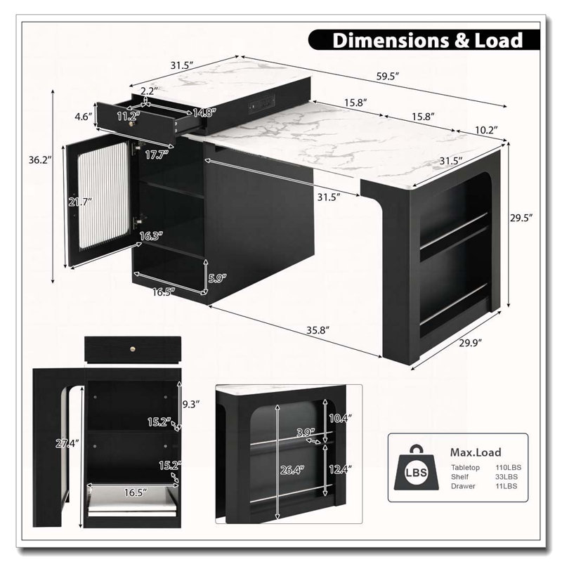 59.5"Kitchen Island With Extendable Dining Table, Kitchen Storage Table With Double-Sided Storage, Kitchen Island With 2 Drawers, Power Outlet, Side Open Shelves, For Kitchen