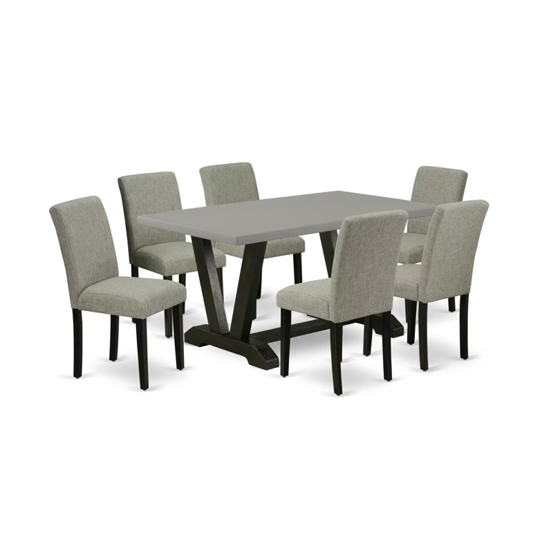 7-Piece Rectangle Solid Wood Top Dining Table with 6 Parson Chairs with Lattice Back, Cement/Black/Shitake