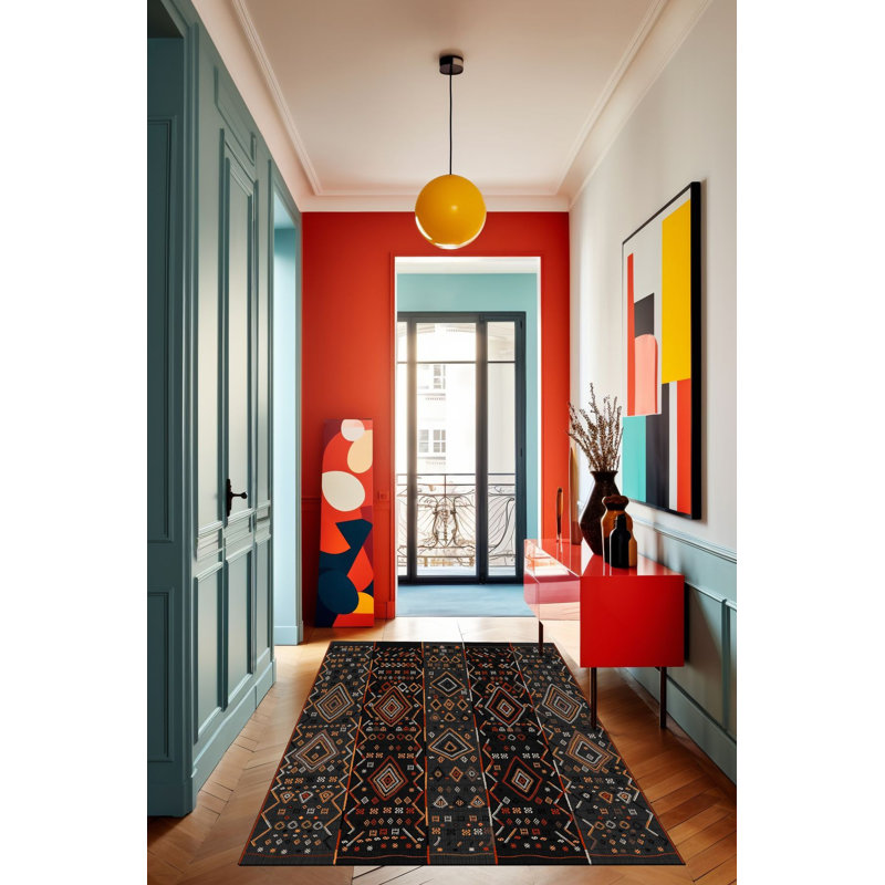 Tapis multicolore à motif géométrique moderne lavable à la machine, Tapis de couloir 2 pi 6 po x 6 pi 7 po inclus