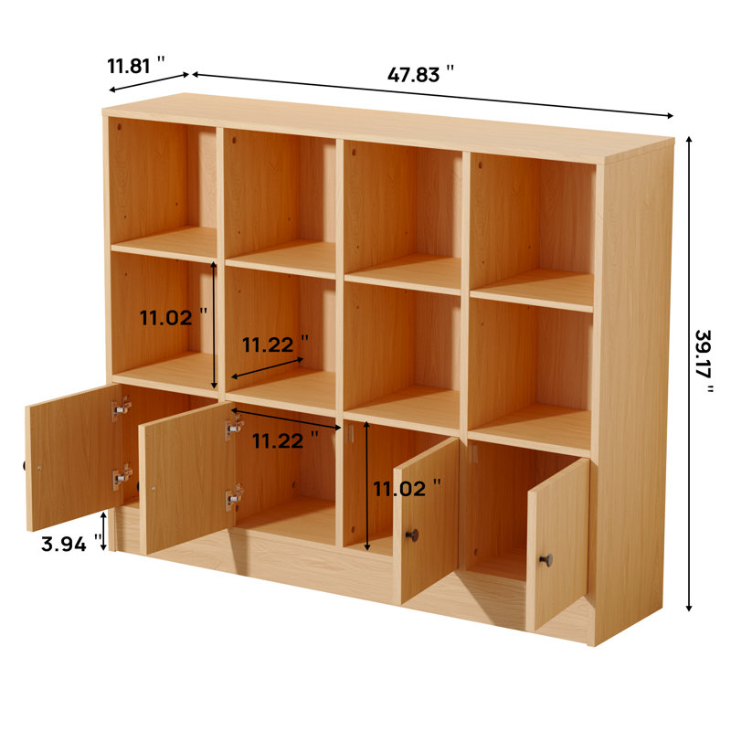 Bookshelf, Wood Bookcase With 3 Tier Shelves, 12 Cube Storage Organizer With Doors For Bedroom, Living Room, 47.8" W X 39.1" H
