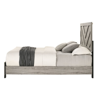 Grand lit gris avec configuration à 4 et 4 pieds, structure en bois, matelas de 8 po recommandé, capacité de poids de 220 lb