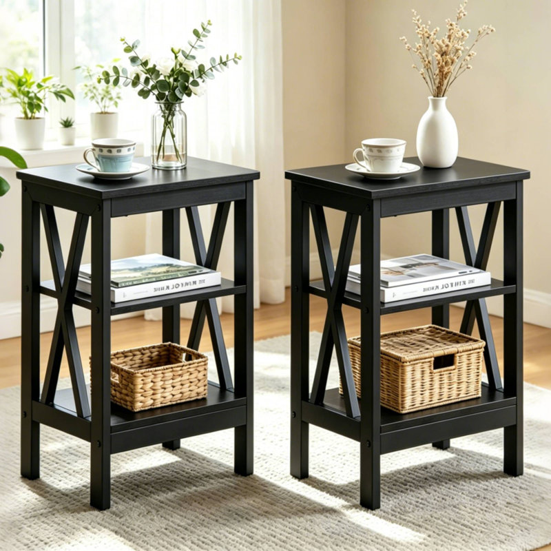 Kempst X-Shaped Nightstand Set Open Shelf 3 Tier Storage Nightstand For Bedroom Living Room, Black, Set of 2