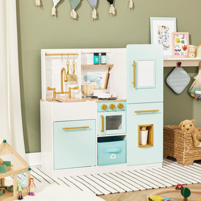 Teamson Kids Wooden Play Kitchen with Built-in Icemaker, Magnetic Dry-Erase Board & Accessories Set