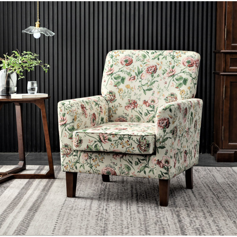 Chaise avec accoudoirs en mélange de polyester à motifs, structure en bois de bouleau massif avec pieds fuselés bruns, chaise d'appoint rembourrée de mousse avec garniture pour le bureau du salon