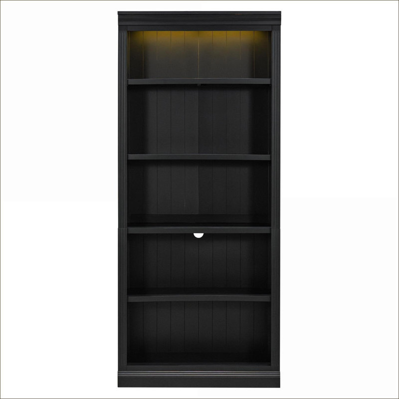Bibliothèques | Bibliothèque autoportante moderne de 83 po de hauteur à 83 niveaux avec lumières DEL, tablettes réglables pour le bureau à domicile | Noir | Bois massif + panneau de fibres à densité moyenne