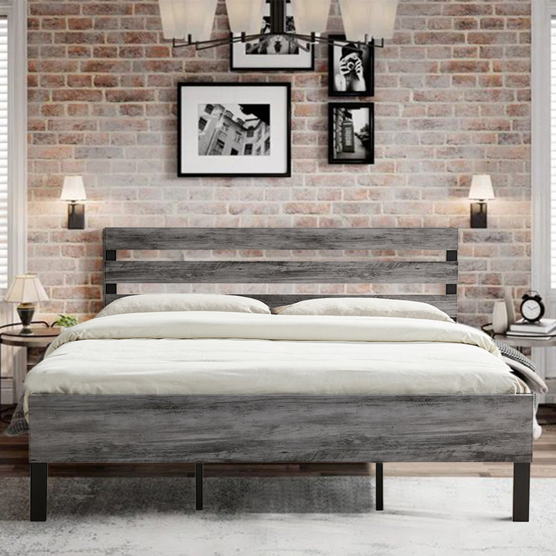 Structure de lit plateforme en métal avec tête et pied de lit en bois rustique épais de 3 cm, design industriel, aucun sommier tapissier requis, assemblage facile
