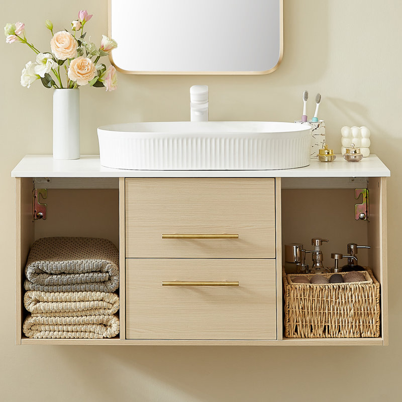 39.4" Mordern Wall-Mounted Bathroom Vanity with Oval Ceramic Sink, Soft-Close Drawers & Adjustable Storage for Bathrooms