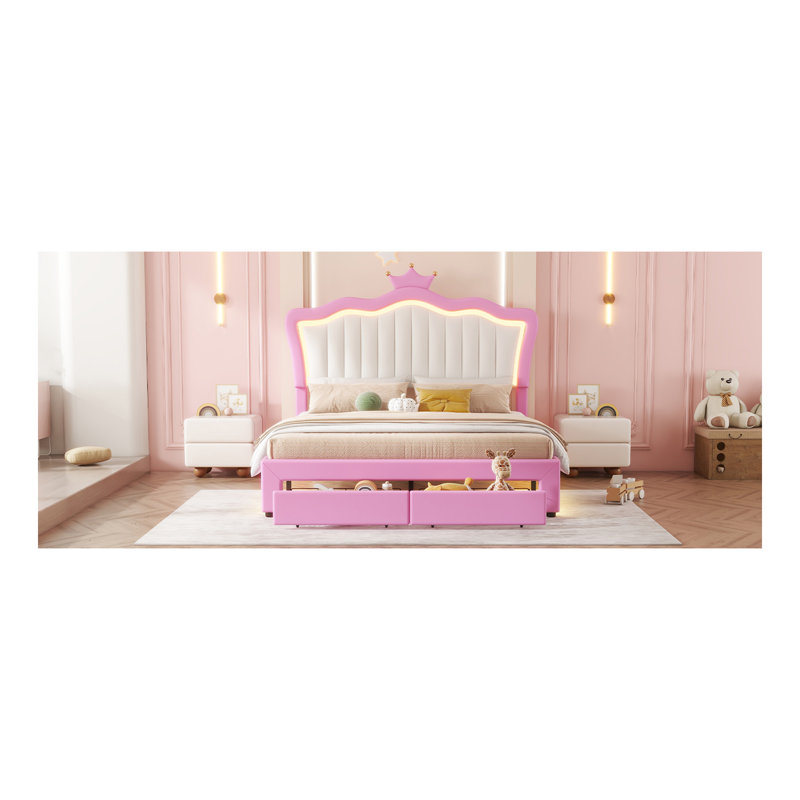Structure de lit double pleine grandeur avec lumières DEL, lit princesse rembourré moderne avec tête de lit couronne, 2 tiroirs, rose et blanc