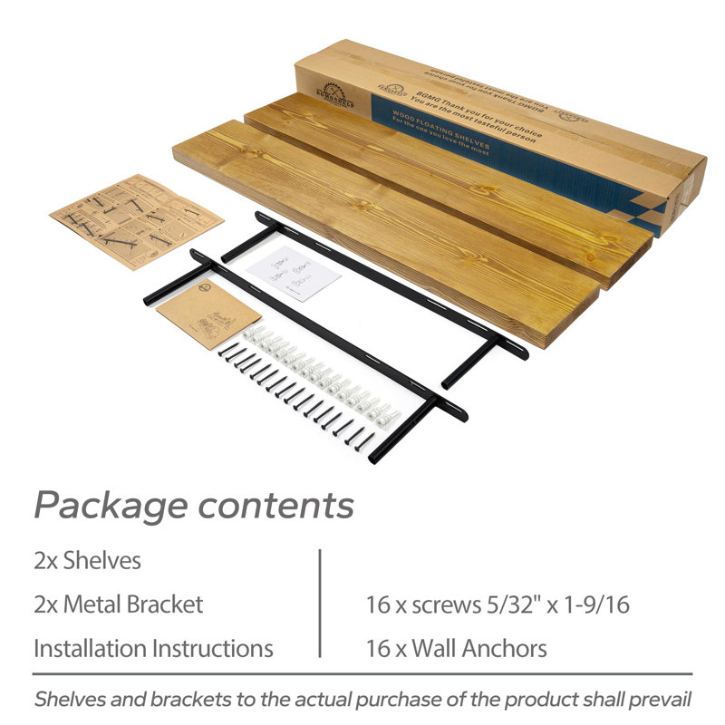 36'' Wide Rustic Wooden Wall Shelves Yellow Brown-Set of 2, Yellow Brown, 1.25" H x 36" W x 6.7" D