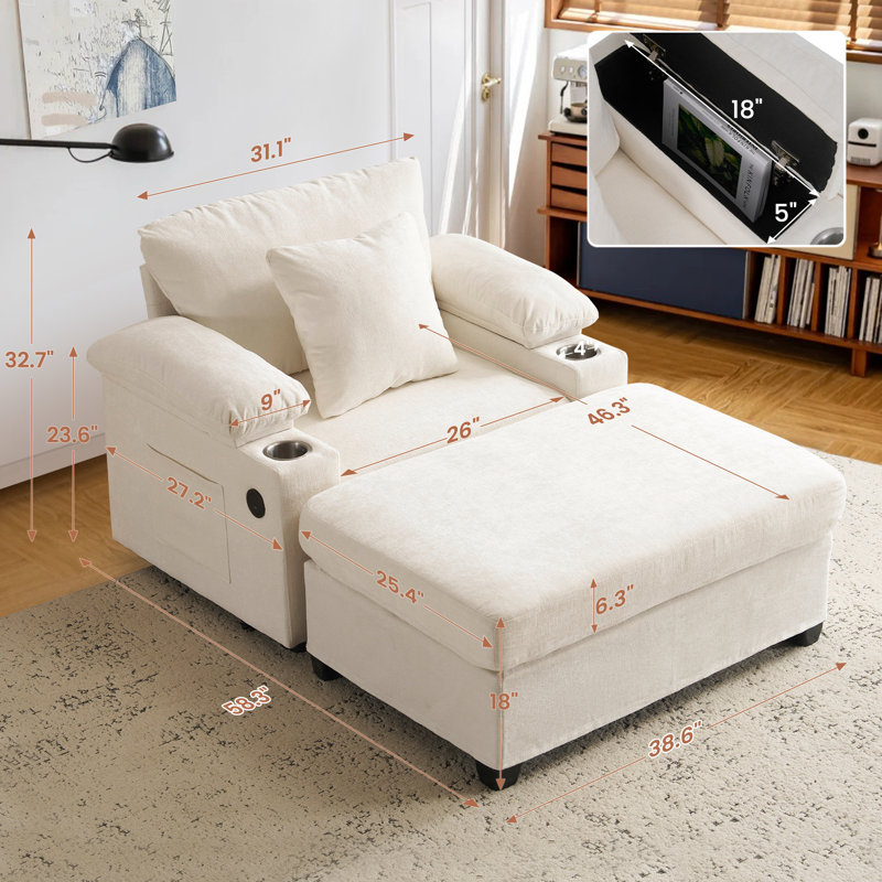 Multifunctional Sofa Chair With Ottoman, Built-In USB-C Charging & Cup Holders, Convertible To Lounger, Chenille Upholstered Single Couch For Living Room & Bedroom