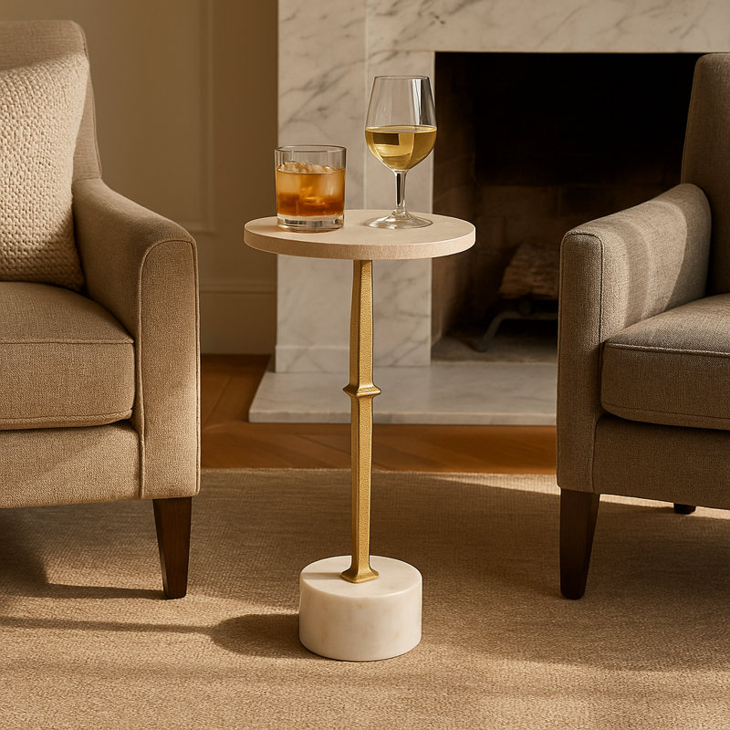 Modern Side Table With Slim Metal Base And Round Top - Stylish Cocktail Accent For Living Room Or Small Spaces - Narrow End Table For Home Decor - 24", Gold