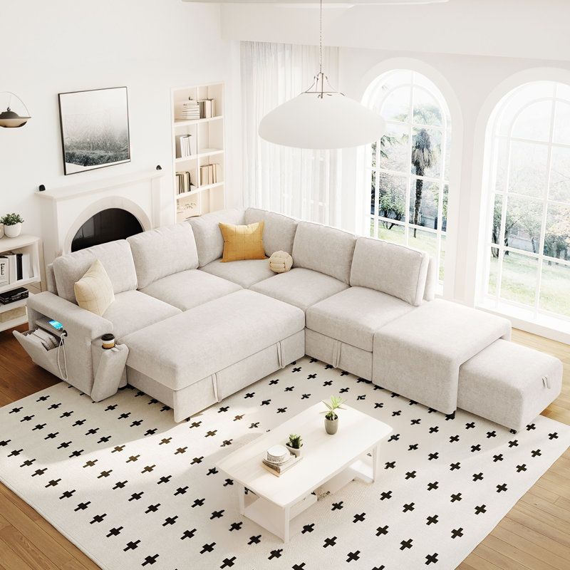 L-Shaped Padded Modular Pull Out Sofa Bed With Storage Space, USB Ports And Cup Holders On The Armrests, Beige