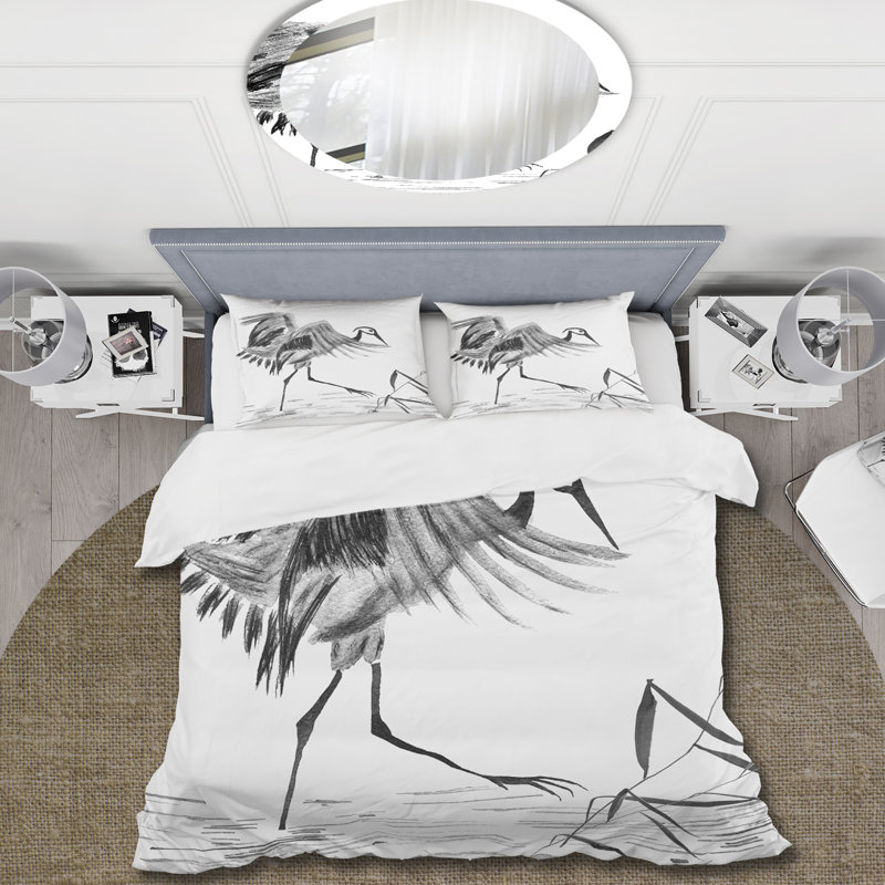 Japanese Oriental Crane Bird - Traditional Duvet Cover Set - Microfiber Polyester, Queen Duvet Cover + 2 Standard Shams