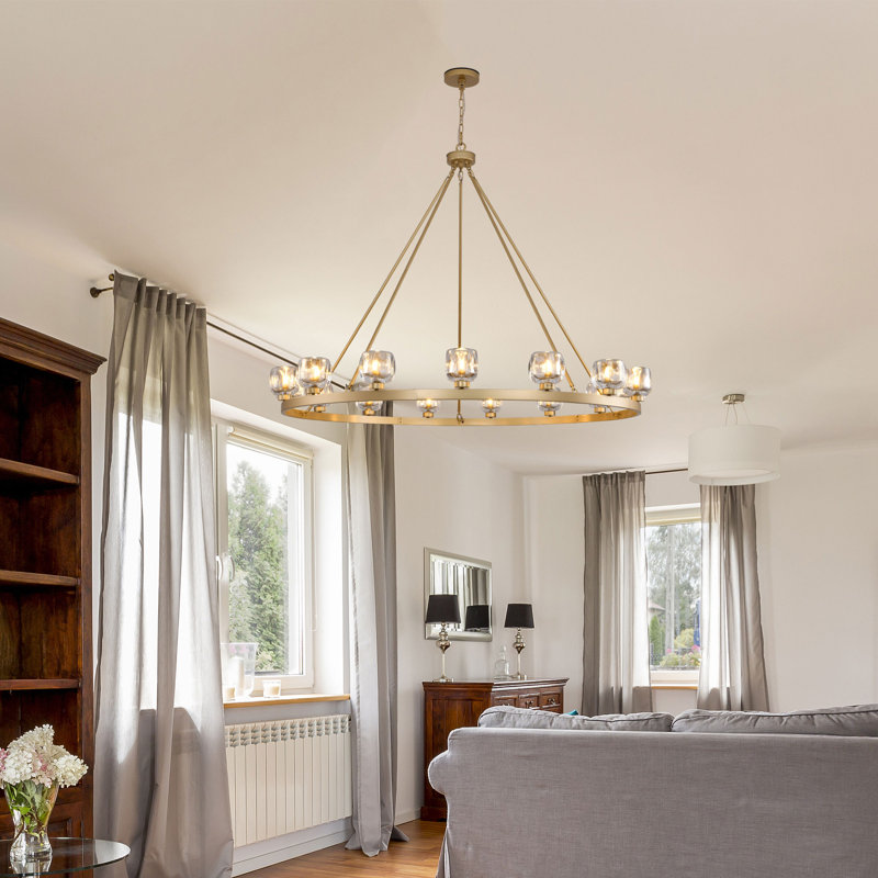 59" Dimmable Round Glass Shade Chandelier, Gold