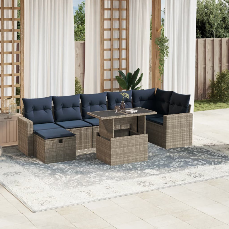 Ensemble de 8 canapés de jardin avec coussins en rotin gris pour l'extérieur, Marine, Gris