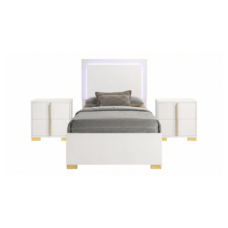Ensemble de chambre à coucher Josephine White Twin 3 pièces avec tête de lit et tables de chevet à DEL