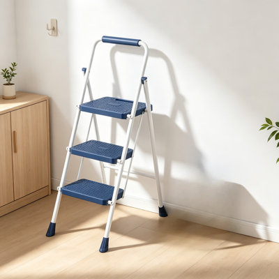 Échelle robuste à 3 marches pour adultes, escabeau avec pédale antidérapante et main courante confortable, tabouret pliant portatif pour la cuisine, le garage et l'extérieur, acier robuste, bleu