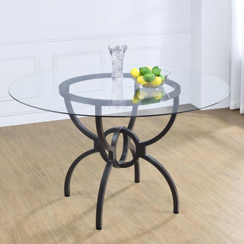 Table de salle à manger ronde de 122 cm (48 po) avec plateau en verre trempé transparent de 6 mm et pied central en métal gris anthracite, idéale pour les petits espaces modernes avec des éléments métalliques.