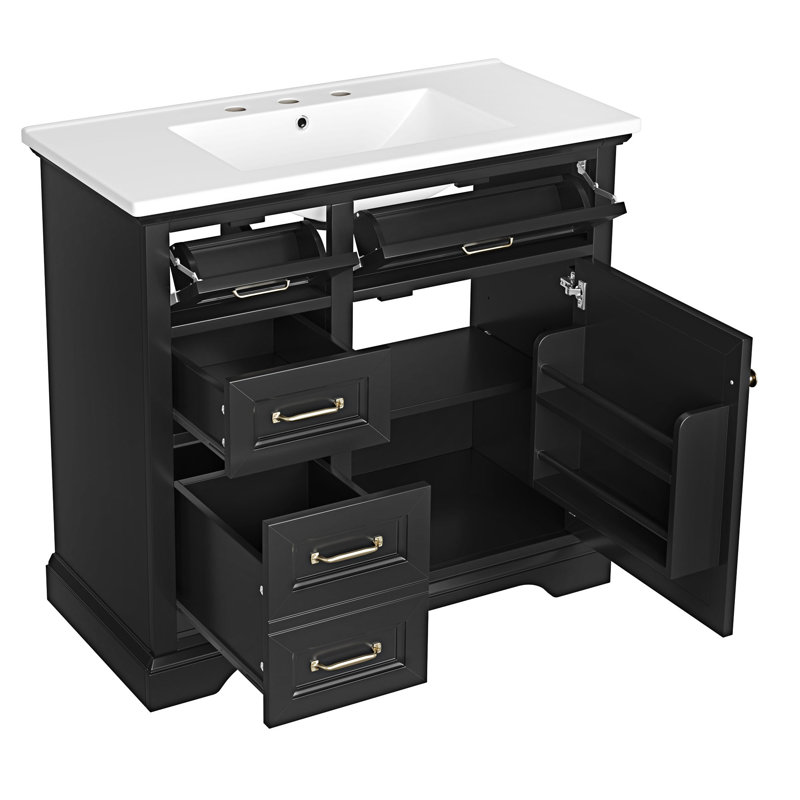 Meuble-lavabo autoportant avec comptoir en céramique, Noir, Doré
