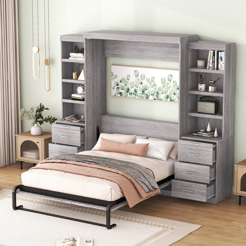  Lit escamotable double avec tablettes de rangement latérales, compartiments ouverts et cadre pliable, gris