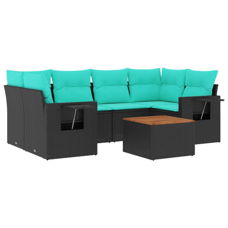 Ensemble de canapé de patio 7 pièces avec coussins en rotin de polyester, Bleu, Noir