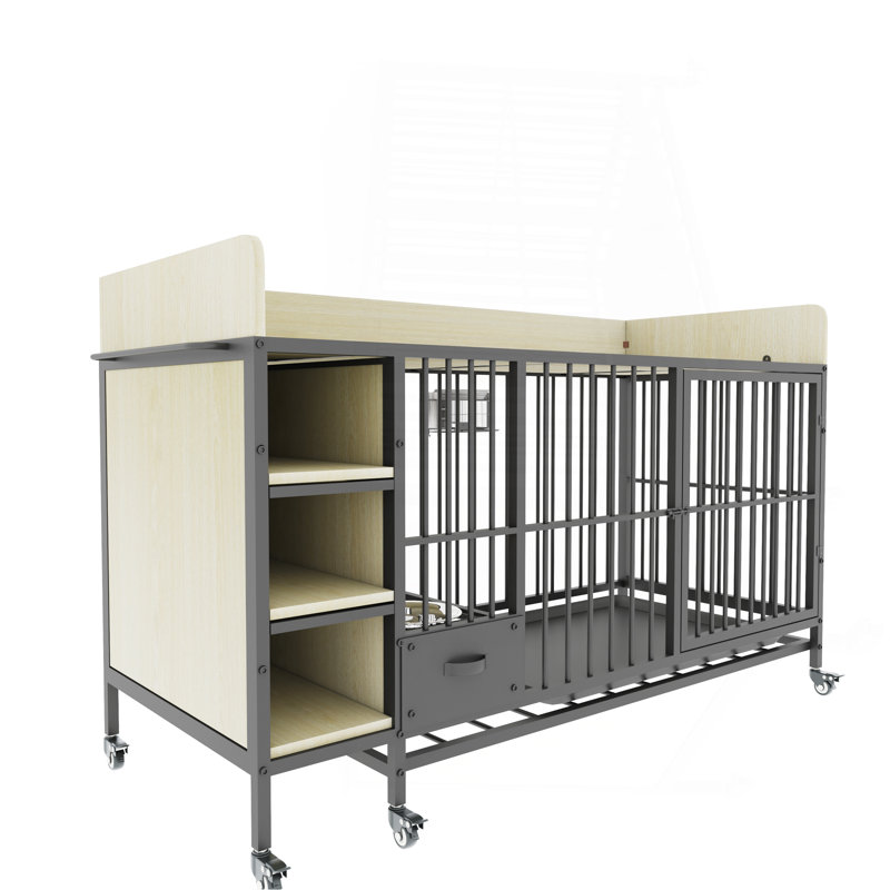 Grande cage pour animaux de compagnie avec support de rangement, tiroirs avec bac à nourriture et à eau en acier inoxydable, structure en fer et matériau en bois aggloméré, robuste, exquis et pratique (noir + beige)