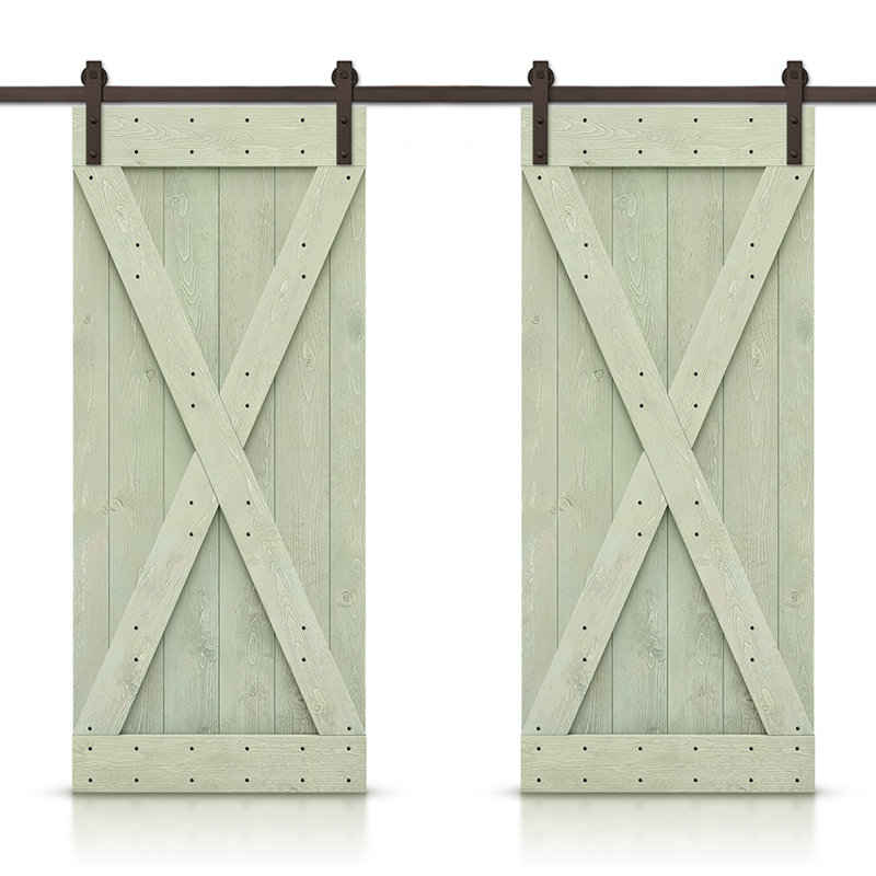 Porte de grange en bois massif lambrissé et métal, 40 po x 84 po, Vert sauge