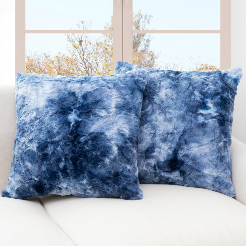  Faux Fur Throw Pillow, White/Blue