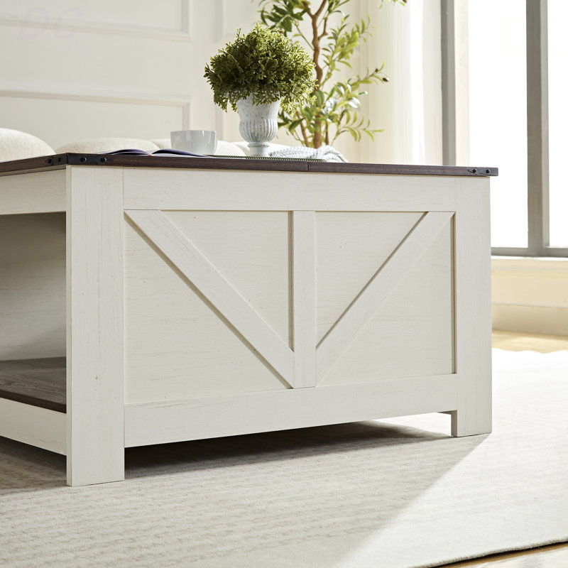 Table basse Table basse de style campagnard avec rangement Table de cocktail en bois rustique, table basse carrée pour salon avec espace de rangement semi-ouvert, noyer et ivoire, table