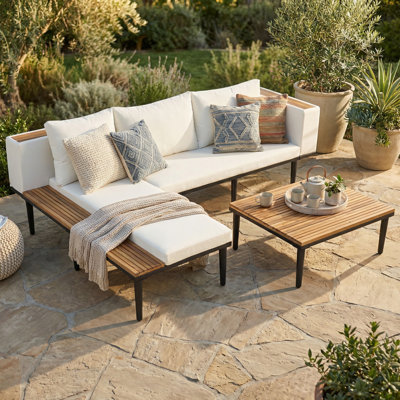 Patio Furniture Set with Removable Cushions, L-Shaped Acacia Wood Outdoor Conversation Sectional Sofa with Side table for Backyard, Porch