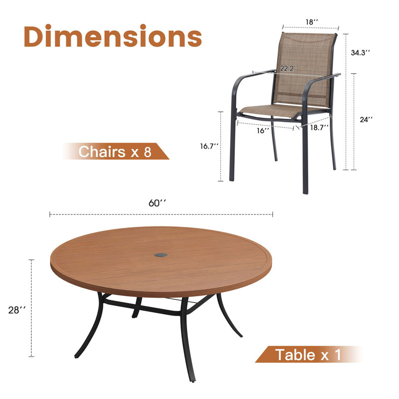 60" Patio dining set with Metal Round Dining Table and Stackable Armrest Dining Chairs, Black/Brown/Walnut
