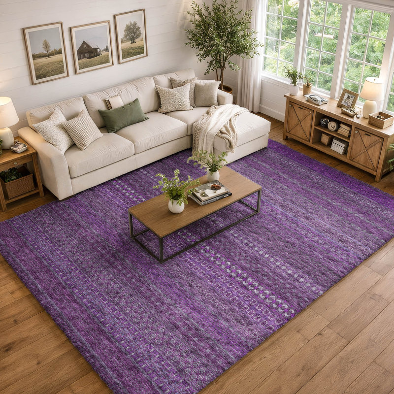 Premium Machine Washable Dream Shag ADS527 Striped Rug, 8' x 10', Eggplant